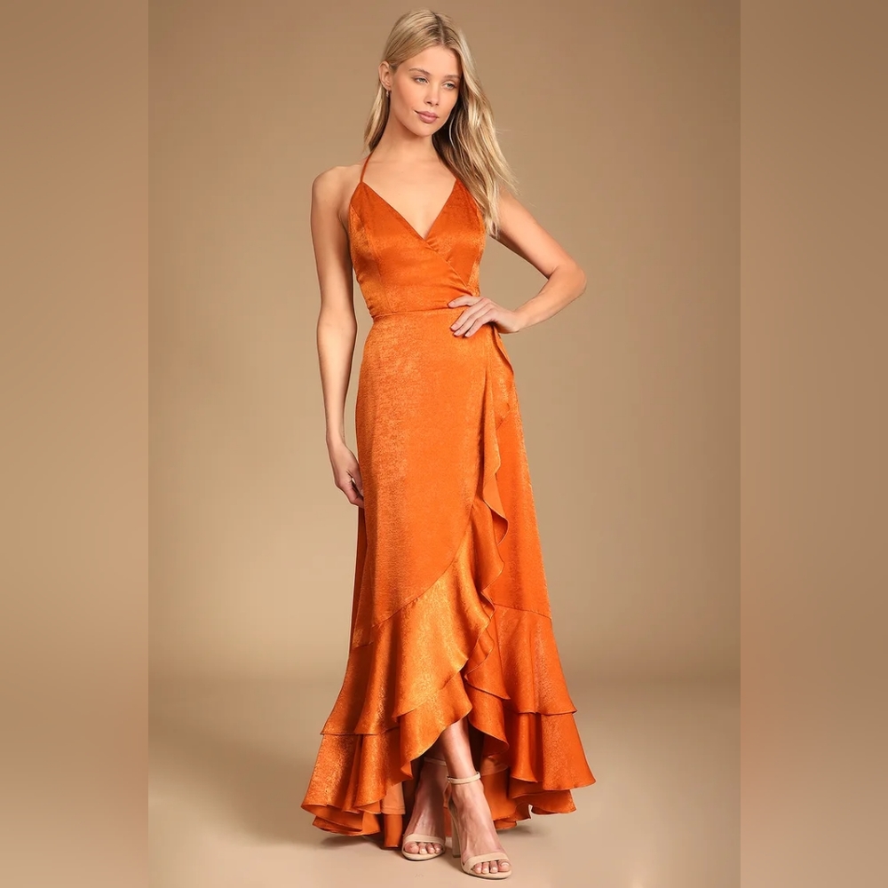 Lulus In Love Forever Rust Orange Satin Lace-Up High-Low Maxi Dress